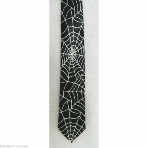 BLACK SPIDER PRINT Men's Slim Tie Satin Party Fancy Dress Theme Necktie Standard