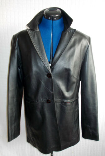 Milan black leather 3/4 coat.finest leather,2button front, lined.size 10/12 milan