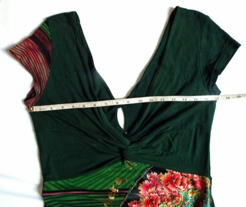 DESIGUAL - Dark Green Stretch Jersey/Gold Pink Graphics A-Line Dress sz 10 Desigual