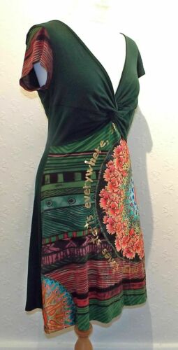 DESIGUAL - Dark Green Stretch Jersey/Gold Pink Graphics A-Line Dress sz 10 Desigual