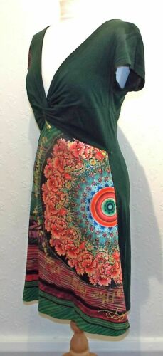 DESIGUAL - Dark Green Stretch Jersey/Gold Pink Graphics A-Line Dress sz 10 Desigual