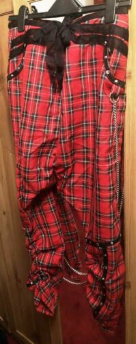 Living Dead Souls Punk Red bondage Tartan Trousers Size Small-chains.,zips,strap Living Dead Souls