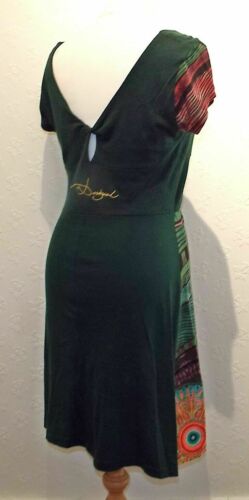 DESIGUAL - Dark Green Stretch Jersey/Gold Pink Graphics A-Line Dress sz 10 Desigual