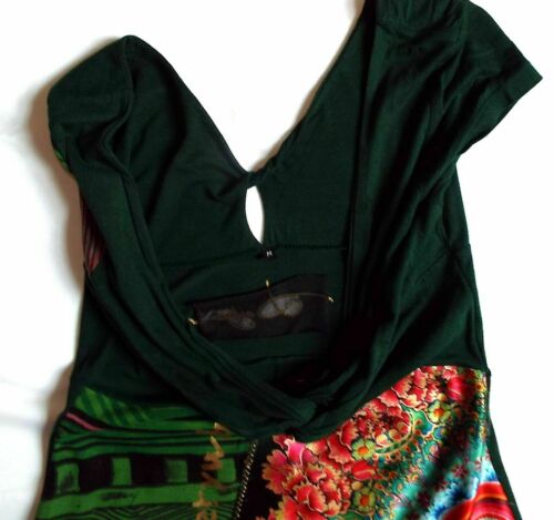 DESIGUAL - Dark Green Stretch Jersey/Gold Pink Graphics A-Line Dress sz 10 Desigual