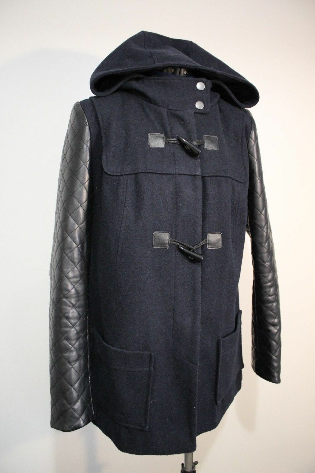 Funky Black Faux Leather Sleeve Navy Coat UK12 Covent Garden-toggle/fastener covent garden