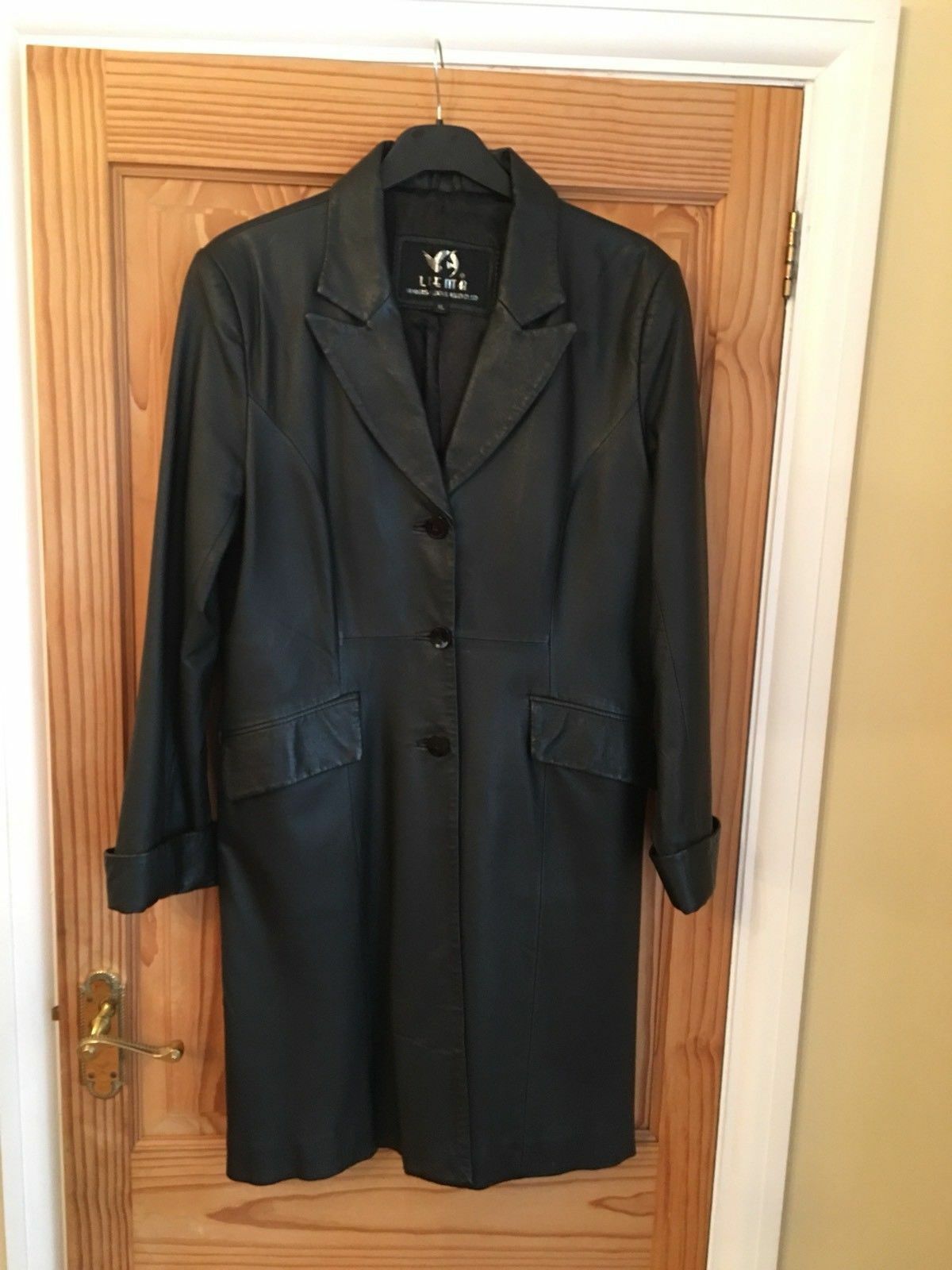 black Genuine Ladies LIEMA Branded Black Leather Coat. knee length.12/14uk LIEMA