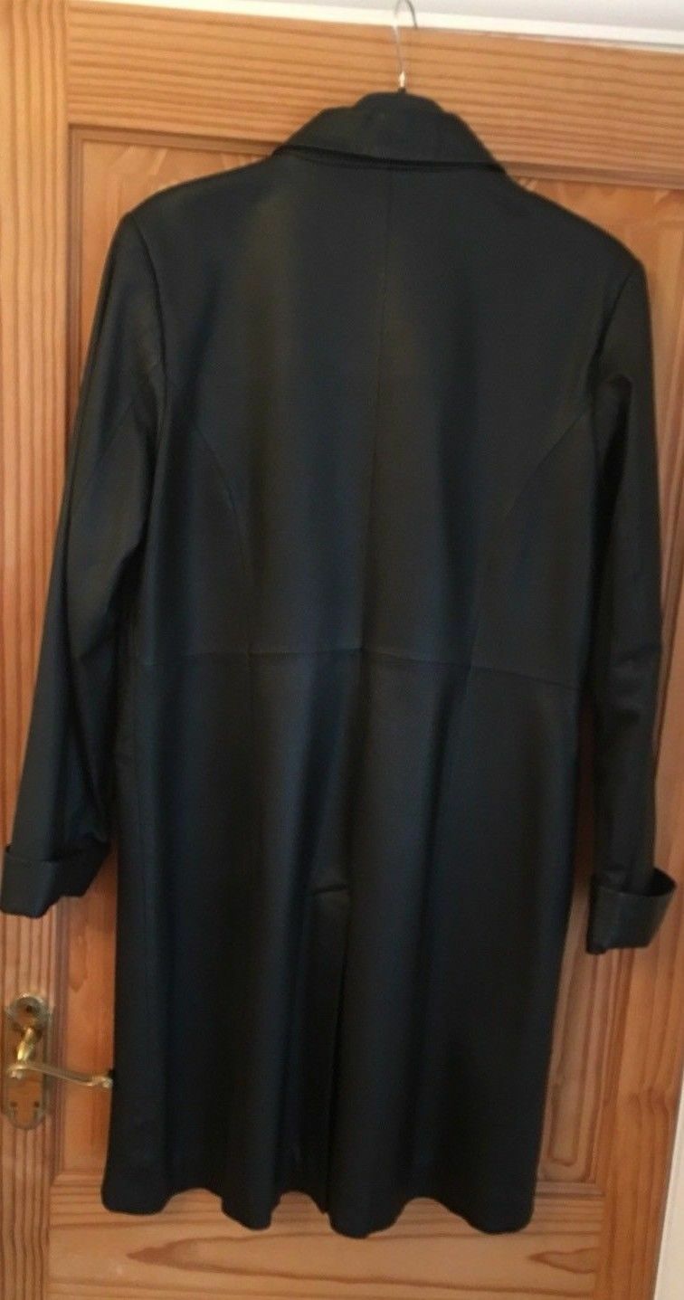 black Genuine Ladies LIEMA Branded Black Leather Coat. knee length.12/14uk LIEMA