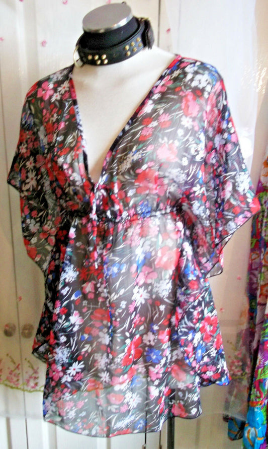 Boho/Festi/Beach kaftan/tunic, size10,Kushi floral, tie neckline NEW.sexy,summer Kushi