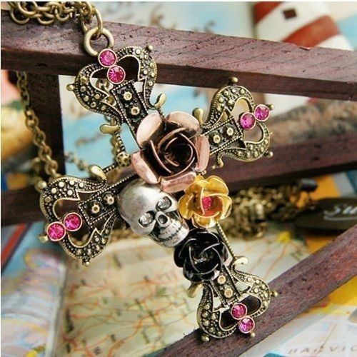 Fashion Gothic Punk Skull Rose Cross Necklace & Pendant Gift JewelLEry Chain BBF