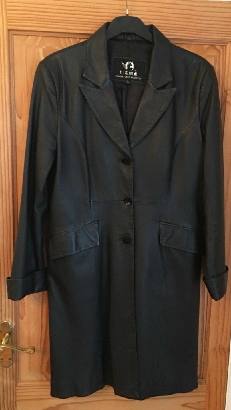 black Genuine Ladies LIEMA Branded Black Leather Coat. knee length.12/14uk LIEMA