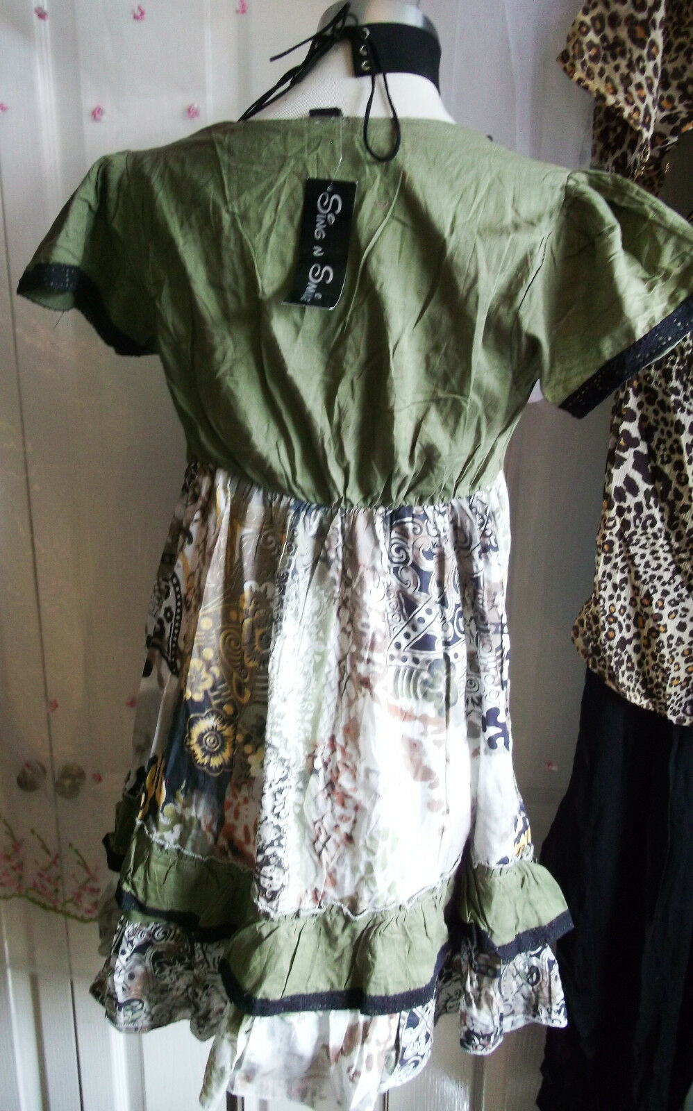 Boho/Festi/Beach/green smock top,cotton,size L,new,knee length,elastic waist,tie Unbranded