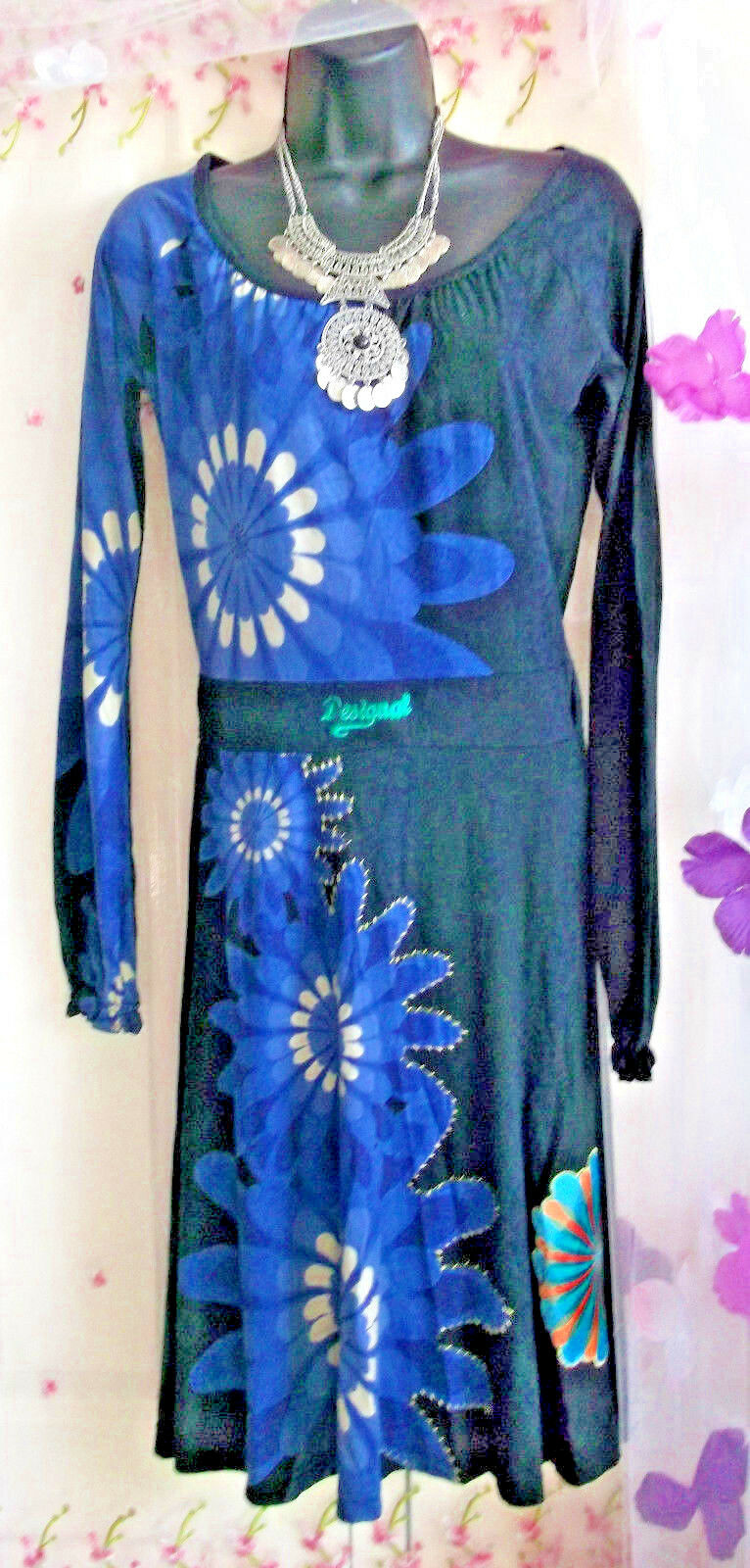 DESIGUAl long full skirt black blue multi colour print cotton jersey dress 10/1 Desigual