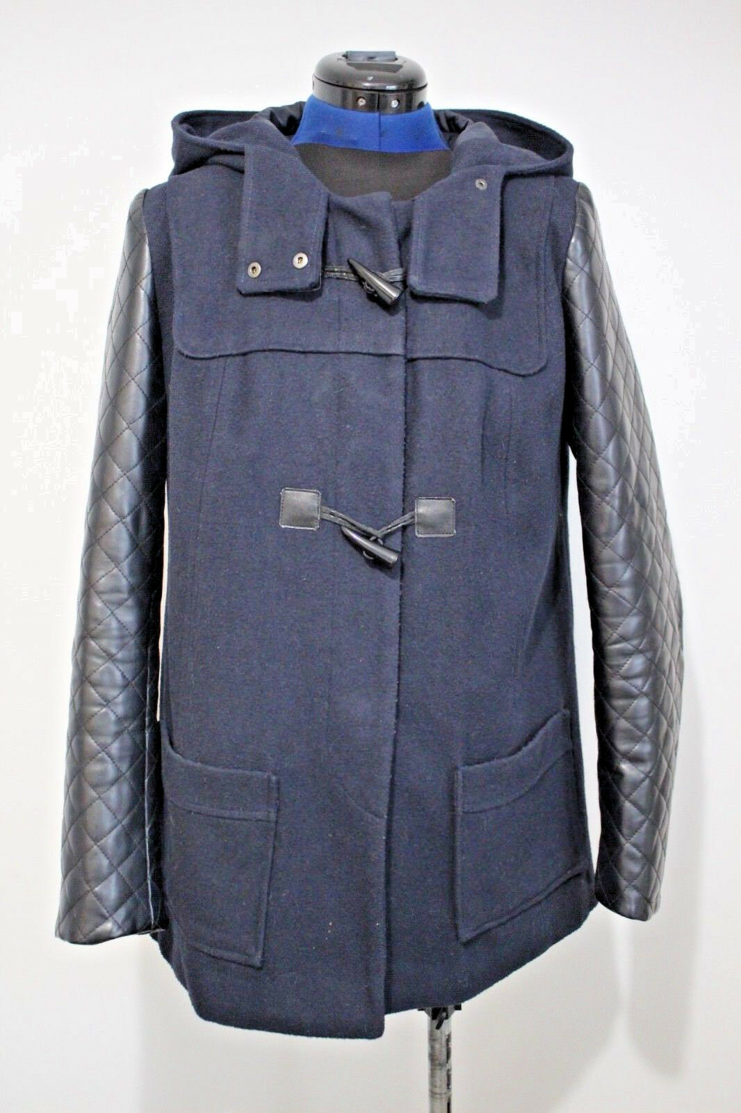 Funky Black Faux Leather Sleeve Navy Coat UK12 Covent Garden-toggle/fastener covent garden