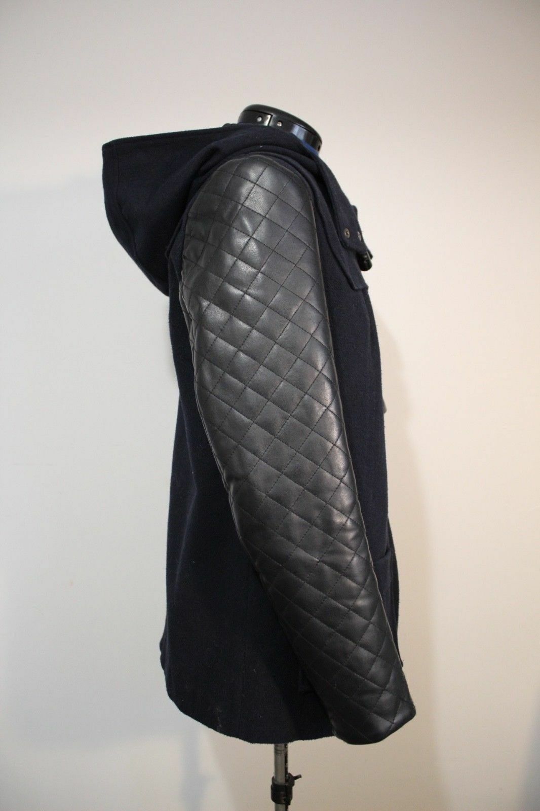 Funky Black Faux Leather Sleeve Navy Coat UK12 Covent Garden-toggle/fastener covent garden