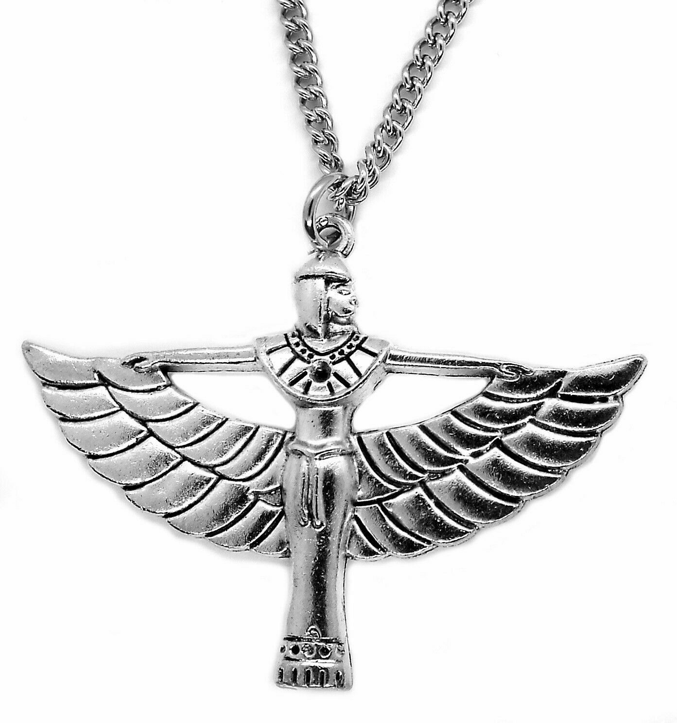 Detailed Winged Isis Egyptian Pendant Necklace with Steel Curb Chain and Pouch none