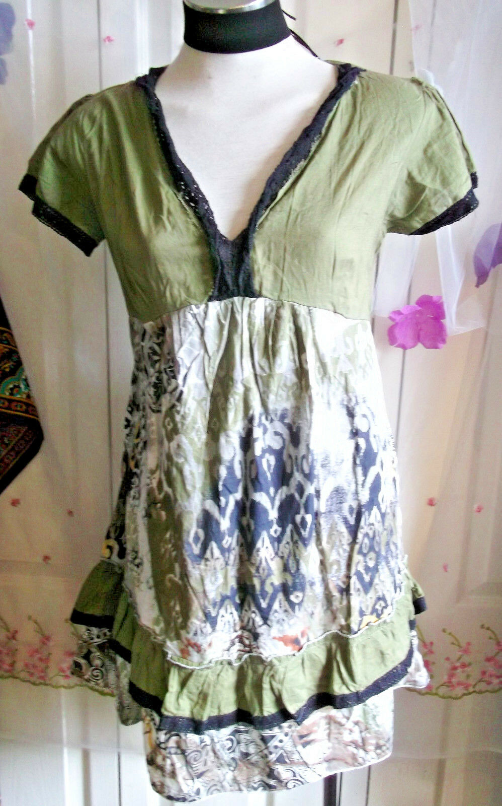 Boho/Festi/Beach/green smock top,cotton,size L,new,knee length,elastic waist,tie Unbranded