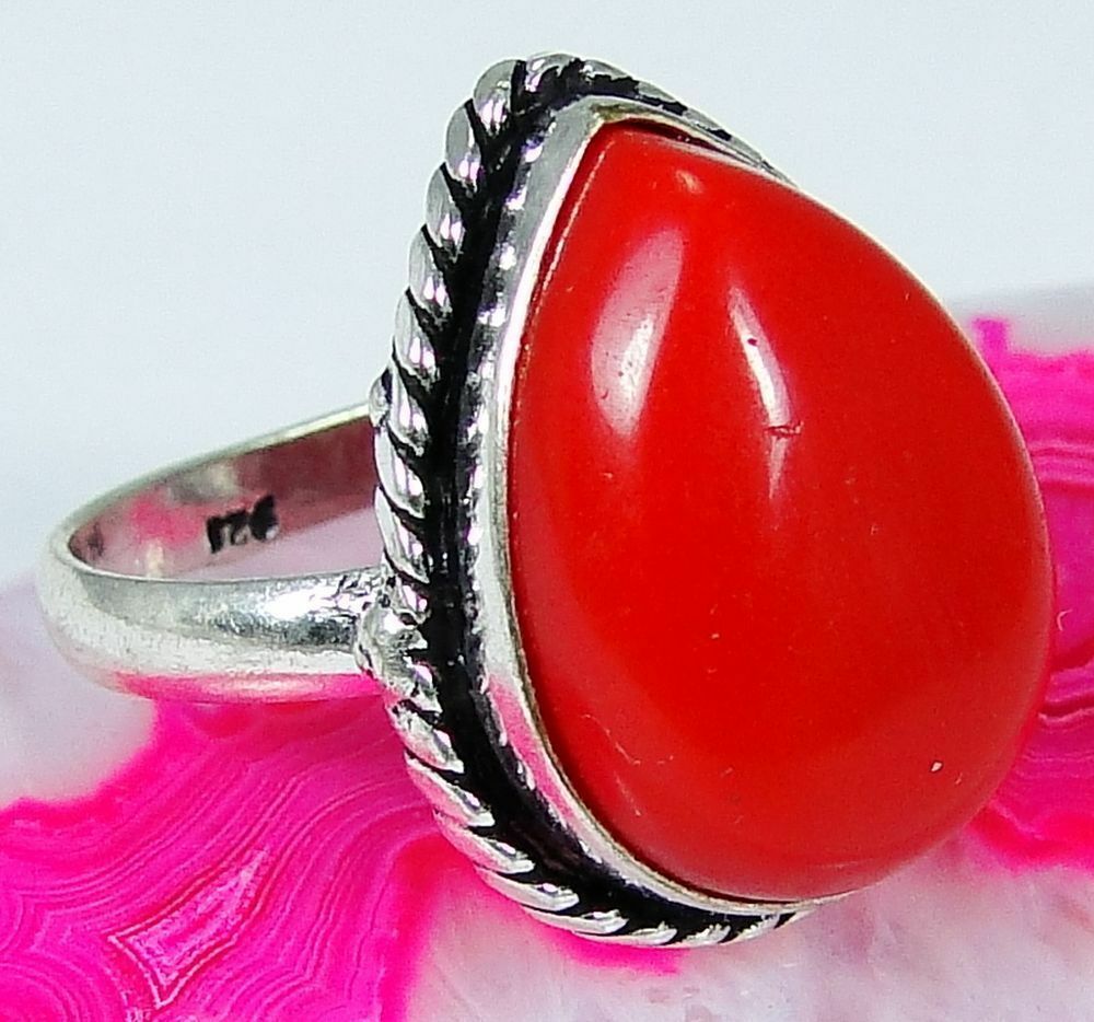 Red Coral & 925 Silver Handmade Fashionable Ring Size O MA20-5511 & gift-box "Handmade"