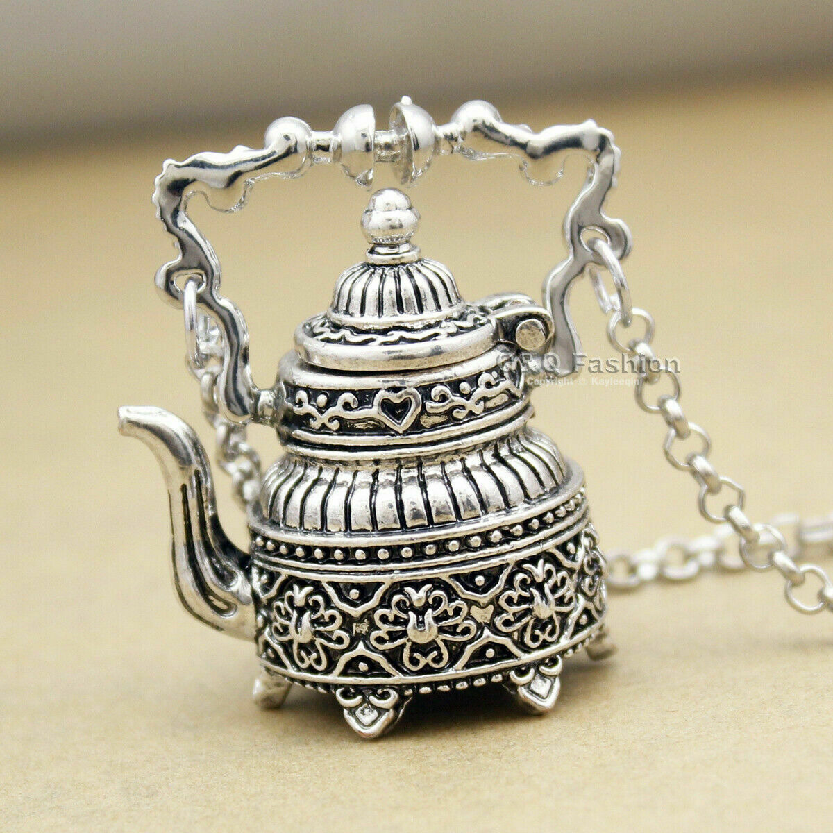 Vintage Silver Victorian Wonderland 3D Tea Pot Party Steampunk Necklace Goth Handmade