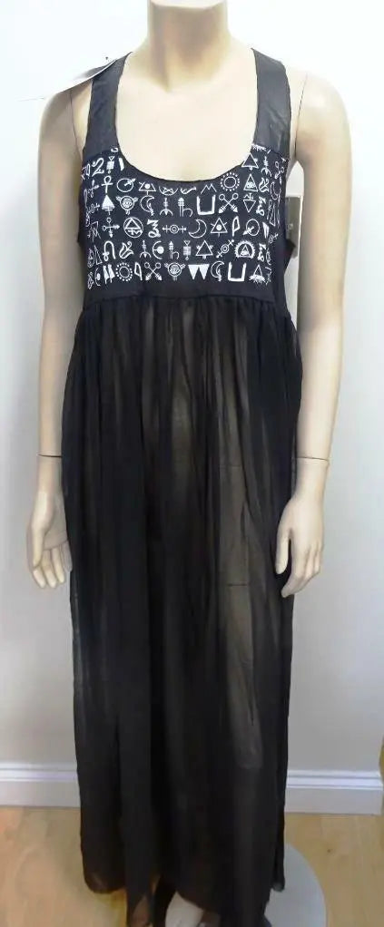 BITCHING & JUNKFOOD ladies black motif maxi dress UK 10 GOTH PUNK ROCK MEDIUM Ladies