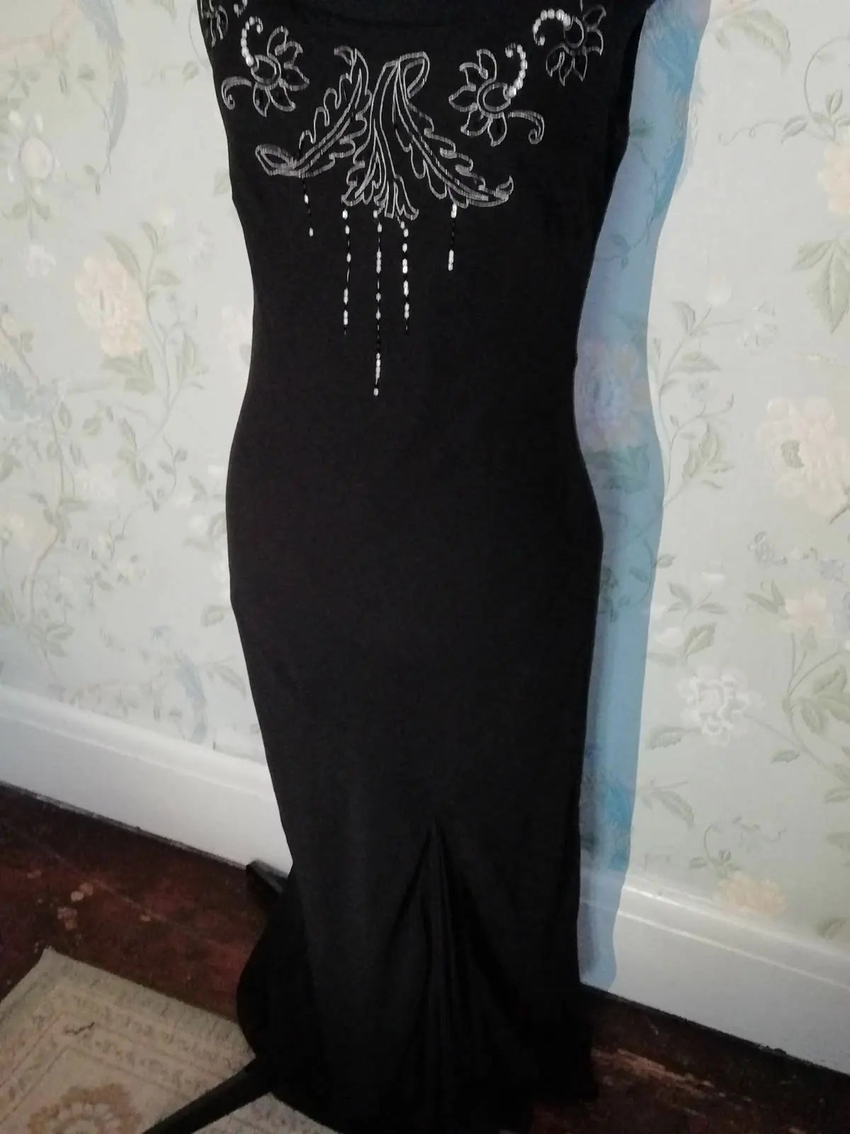 Coast black silk bias cowl evening long dress gown silver embroidery bead sequin Coast