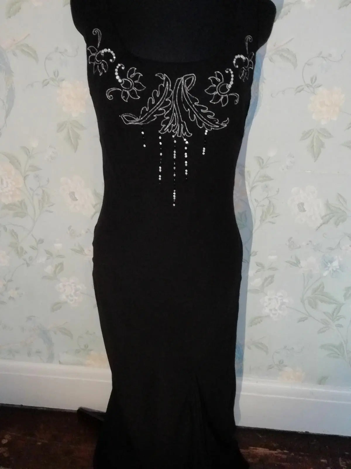 Coast black silk bias cowl evening long dress gown silver embroidery bead sequin Coast