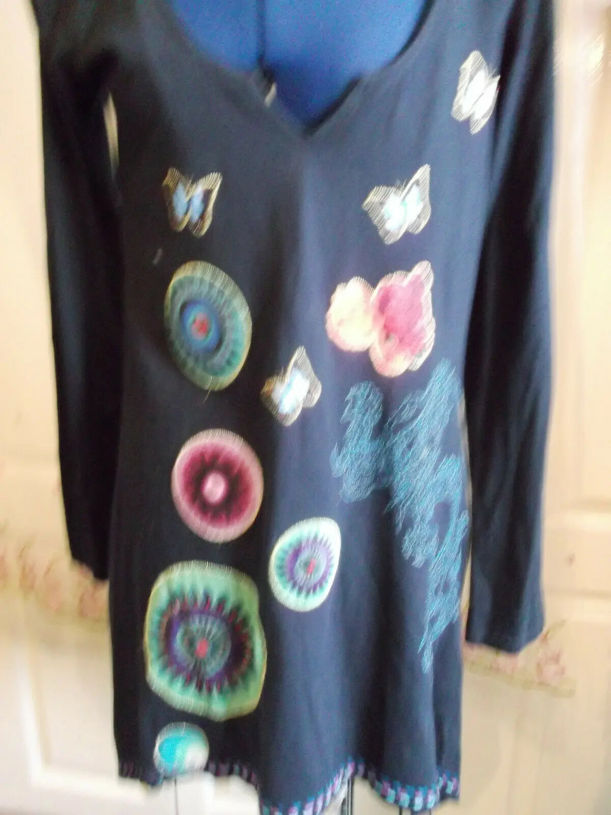 DESIGUAL DRESS NAVY BLUE ASYMMETRIC HEM LONG SLEEVES BUTTERFLY FLORAL DRAGON Desigual