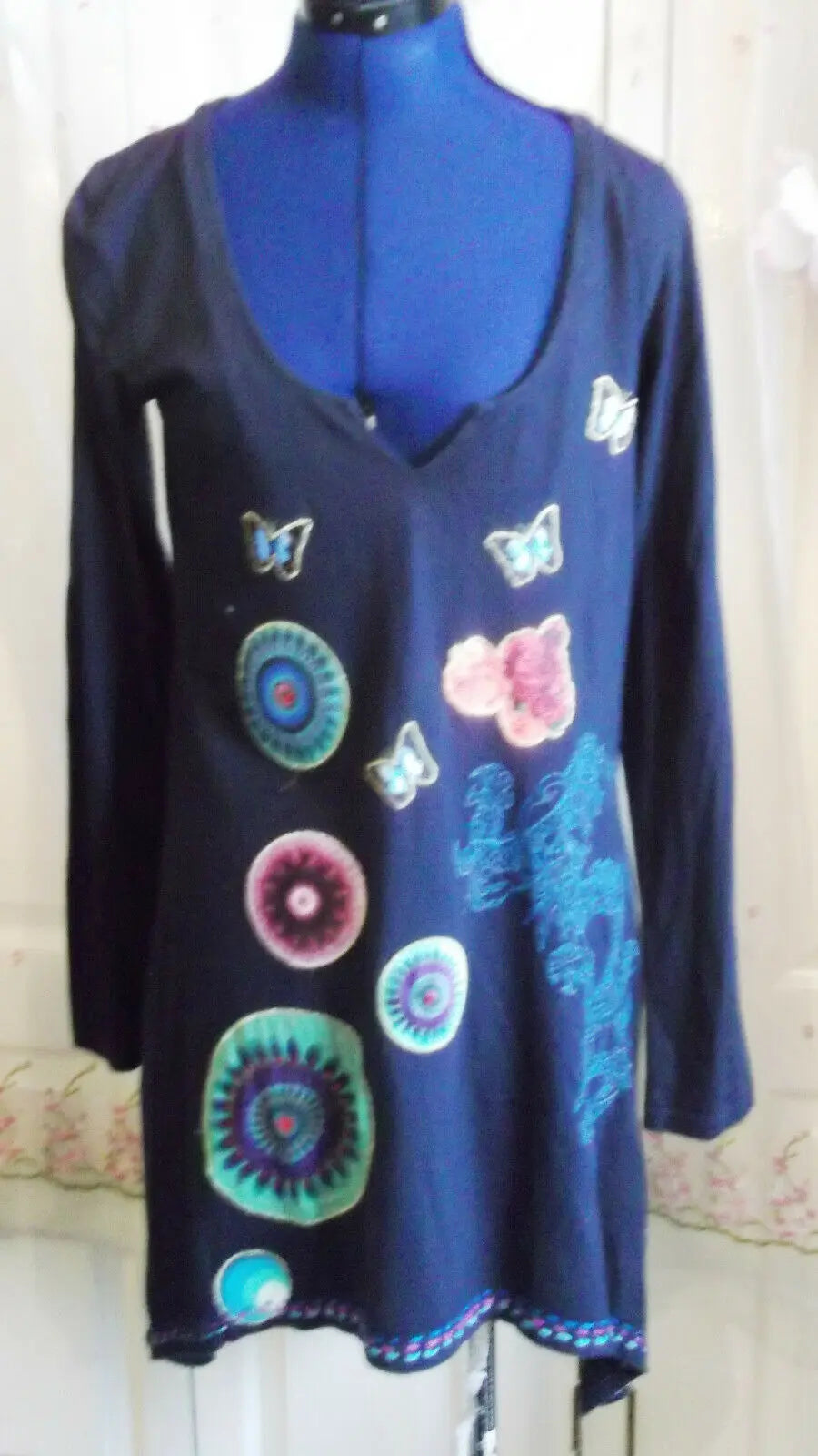 DESIGUAL DRESS NAVY BLUE ASYMMETRIC HEM LONG SLEEVES BUTTERFLY FLORAL DRAGON Desigual