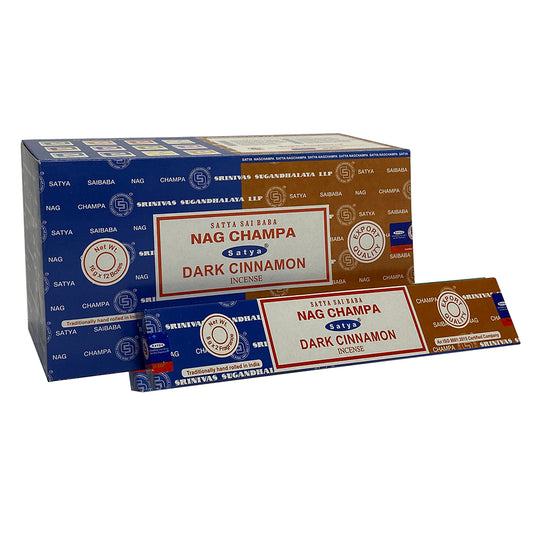 Set of 12 Packets of Combo Satya Incense - Nag Champa Dark Cinnamon Wonkey Donkey Bazaar