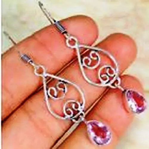 Quartz Pink Topaz & 925 Silver Handmade Beautiful Earrings 55mm G82-34313 "Handmade"