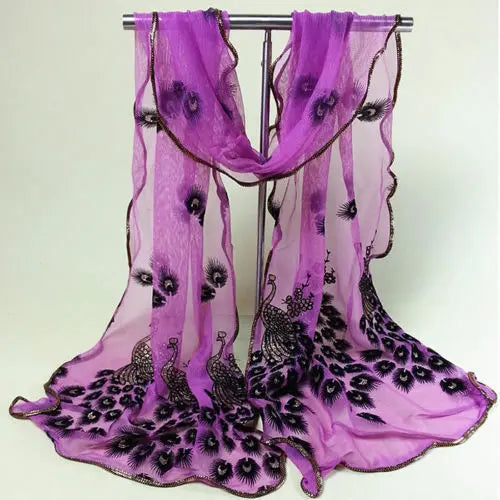 Women Ladies Peacock Lace Voile Chiffon Neck Scarf Shawl Stole-PINK OR PURPLE Unbranded/Generic