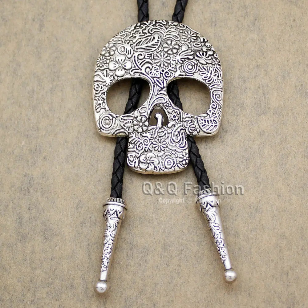 funky silver Skull Brocade Faux-Leather Lariat Necktie Bolo Tie Line Dance Handmade