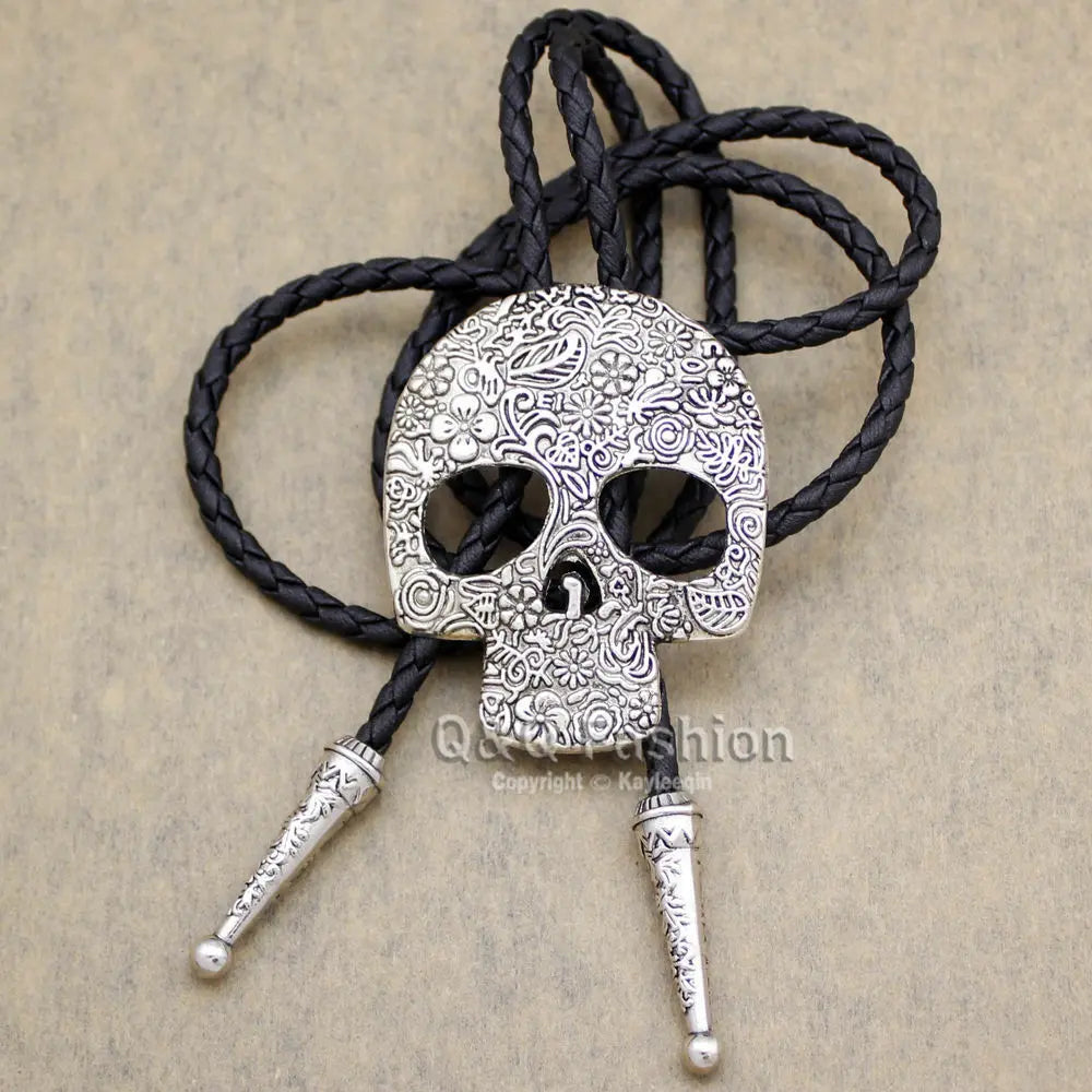 funky silver Skull Brocade Faux-Leather Lariat Necktie Bolo Tie Line Dance Handmade