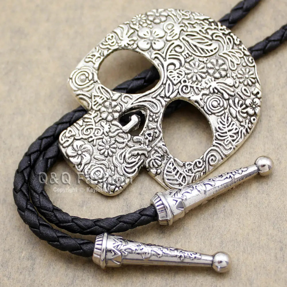 funky silver Skull Brocade Faux-Leather Lariat Necktie Bolo Tie Line Dance Handmade