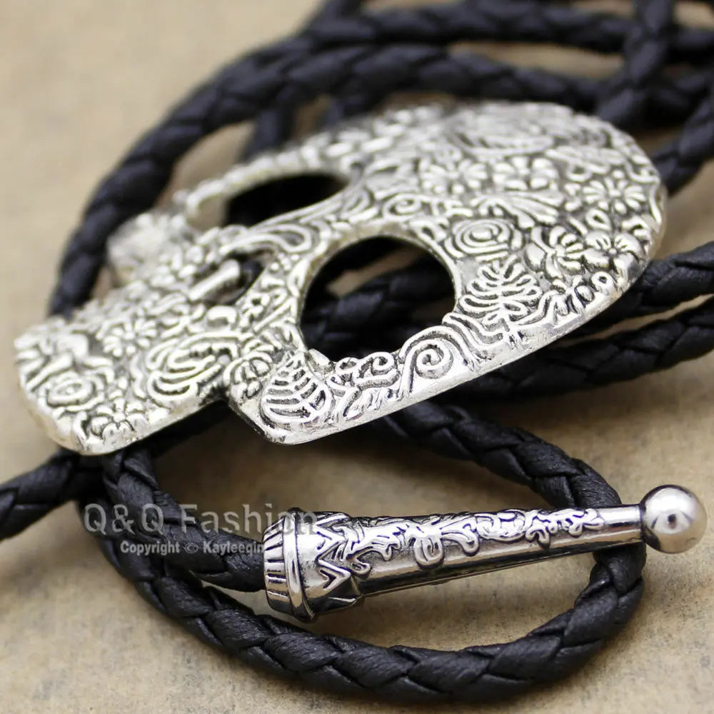 funky silver Skull Brocade Faux-Leather Lariat Necktie Bolo Tie Line Dance Handmade