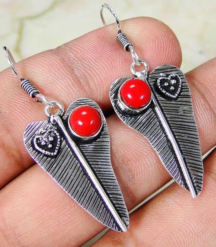 Red Coral & 925 Silver Handmade Beautiful Earrings 47mm Wonkey Donkey Bazaar